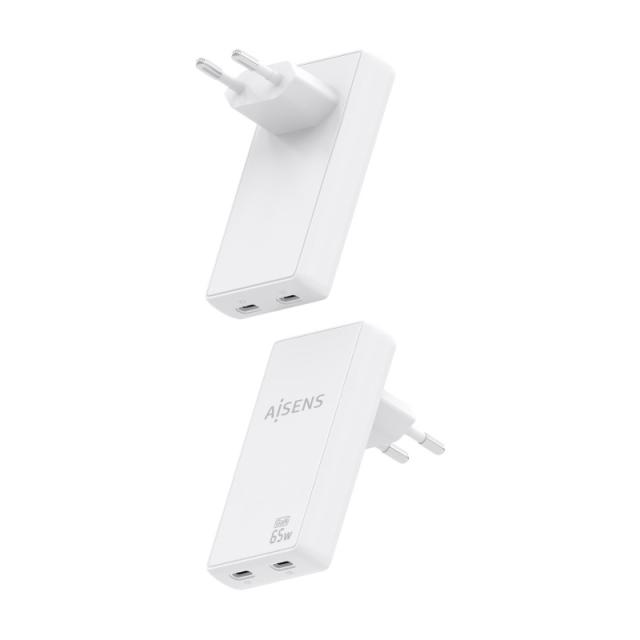 AISENS - Cargador De Pared GaN Ultra Delgado 65W, 2xUSB-C PD3.0 QC4.0, Blanco