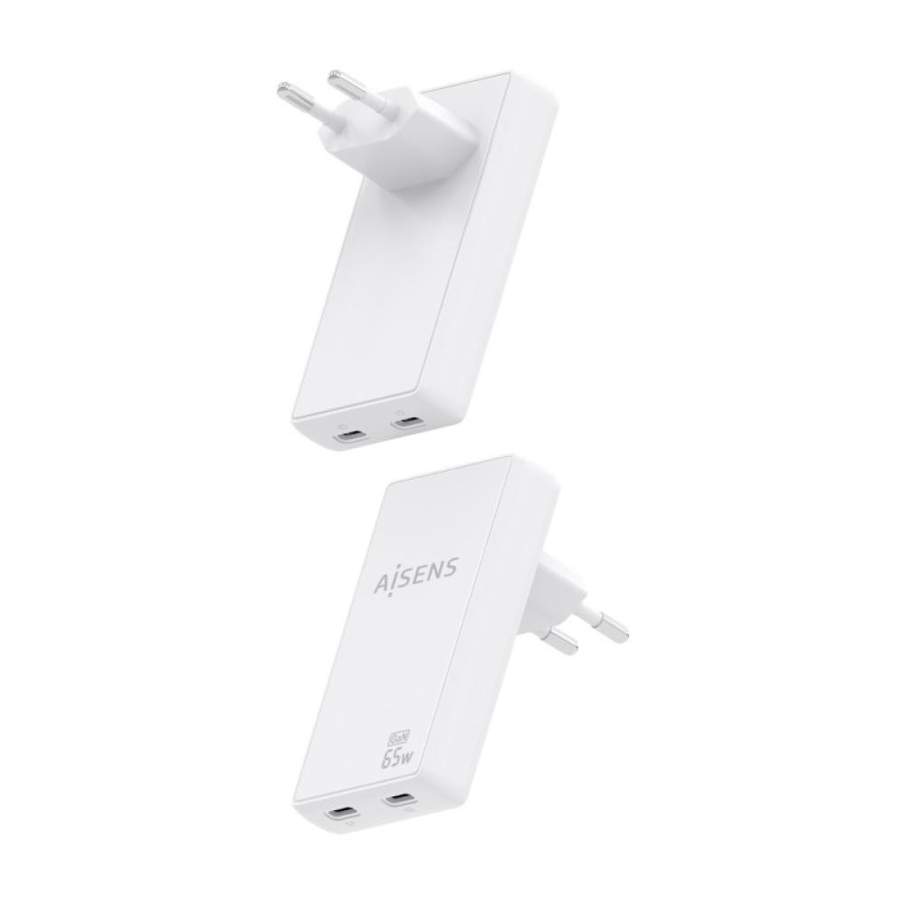 AISENS - Cargador De Pared GaN Ultra Delgado 65W, 2xUSB-C PD3.0 QC4.0, Blanco