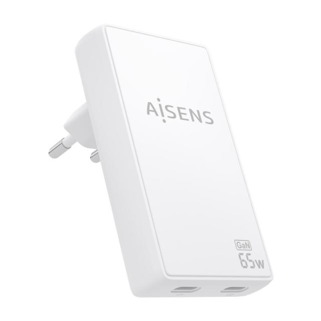 AISENS - Cargador De Pared GaN Ultra Delgado 65W, 2xUSB-C PD3.0 QC4.0, Blanco