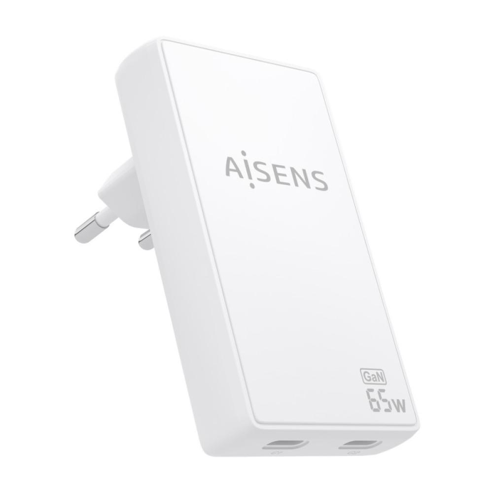 AISENS - Cargador De Pared GaN Ultra Delgado 65W, 2xUSB-C PD3.0 QC4.0, Blanco