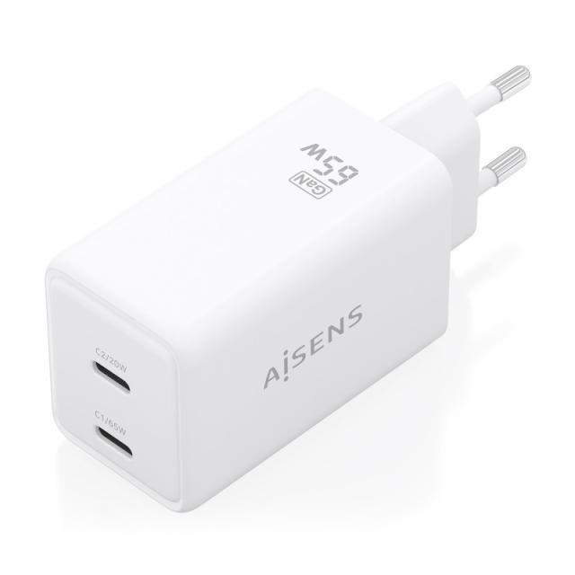 AISENS - Cargador GaN 65W, 2xUSB-C PD3.0 QC4.0, Blanco