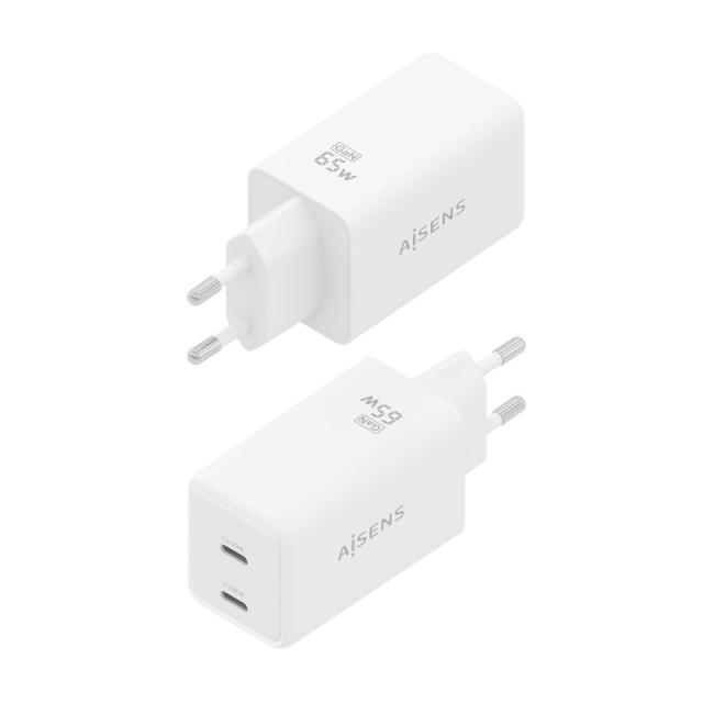 AISENS - Cargador GaN 65W, 2xUSB-C PD3.0 QC4.0, Blanco