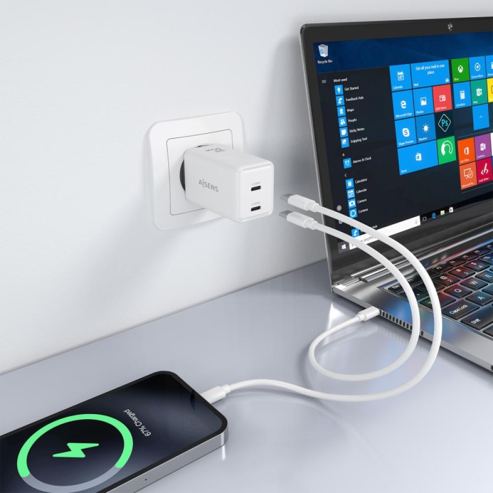 AISENS - Cargador GaN 65W, 2xUSB-C PD3.0 QC4.0, Blanco