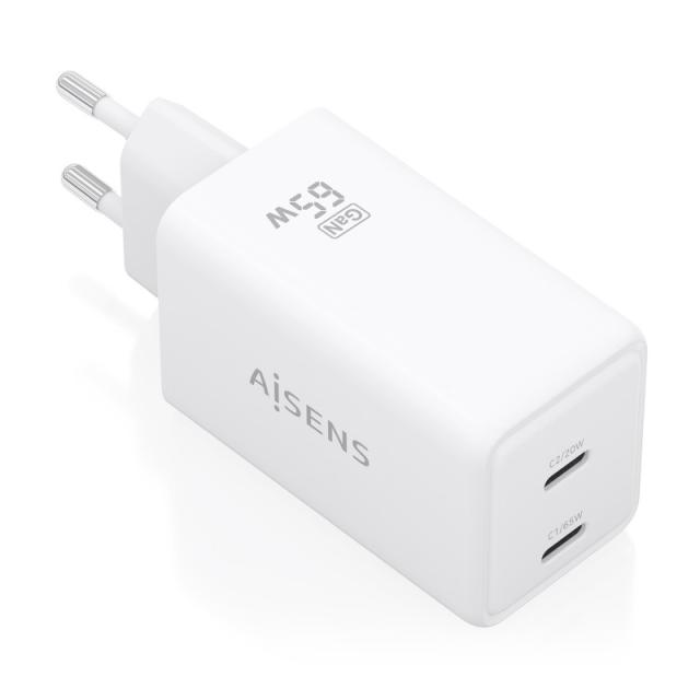 AISENS - Cargador GaN 65W, 2xUSB-C PD3.0 QC4.0, Blanco