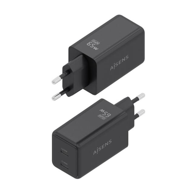 AISENS - Cargador GaN 65W, 2xUSB-C PD3.0 QC4.0, Negro