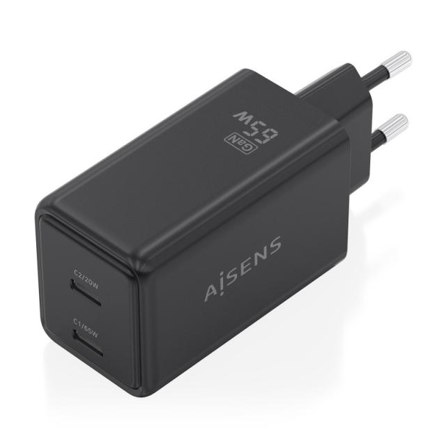 AISENS - Cargador GaN 65W, 2xUSB-C PD3.0 QC4.0, Negro