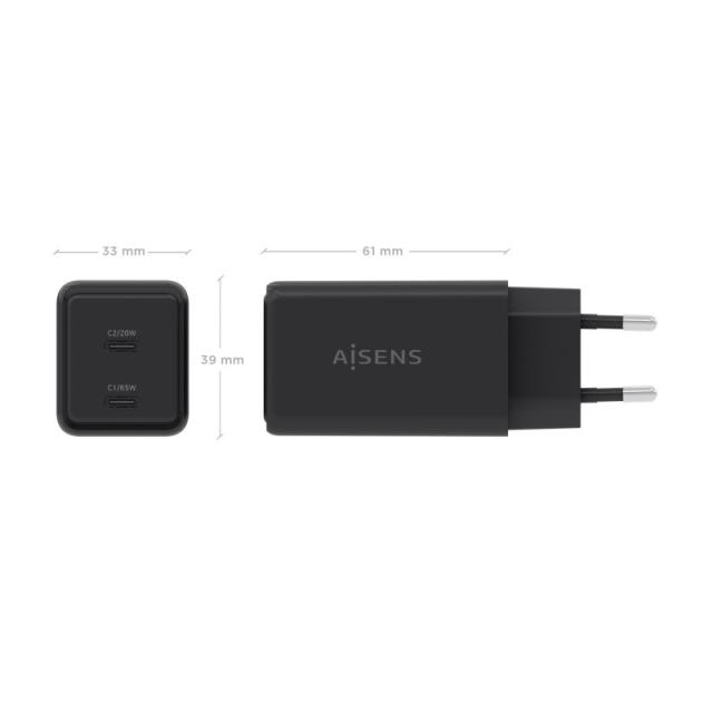 AISENS - Cargador GaN 65W, 2xUSB-C PD3.0 QC4.0, Negro