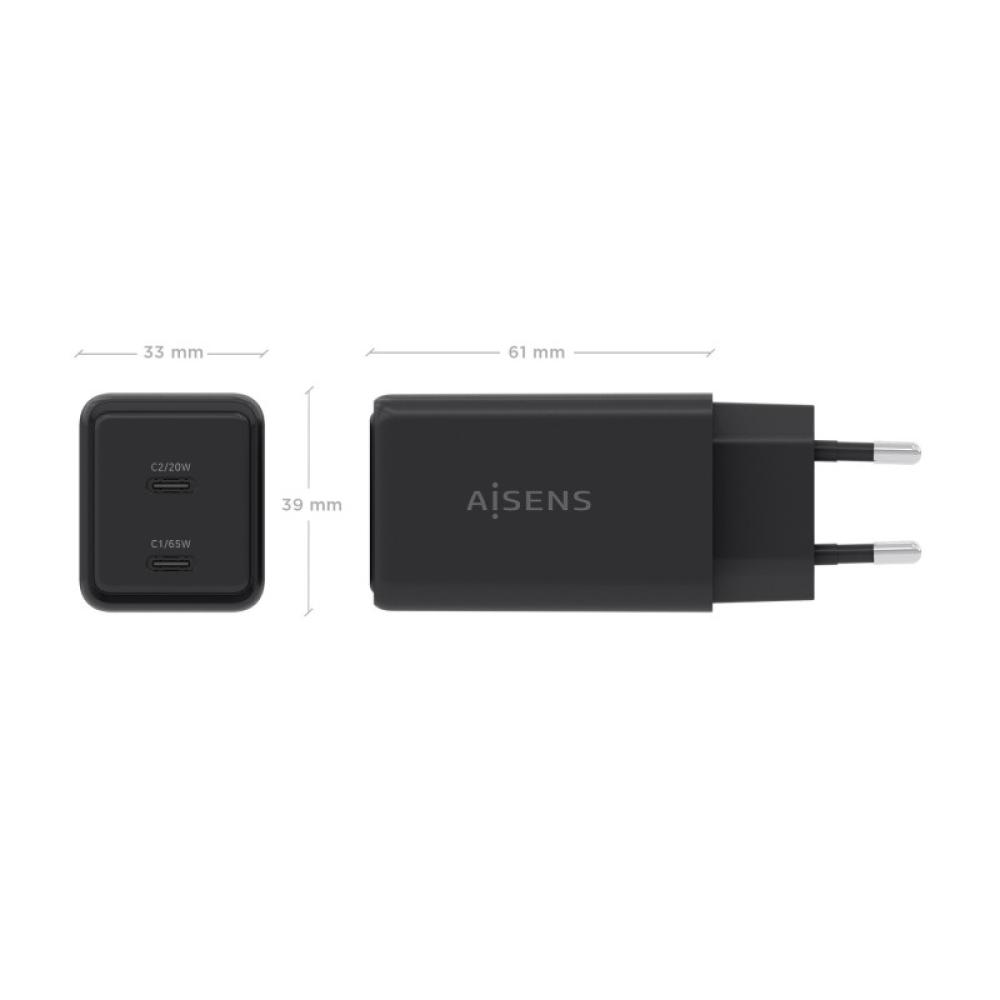 AISENS - Cargador GaN 65W, 2xUSB-C PD3.0 QC4.0, Negro