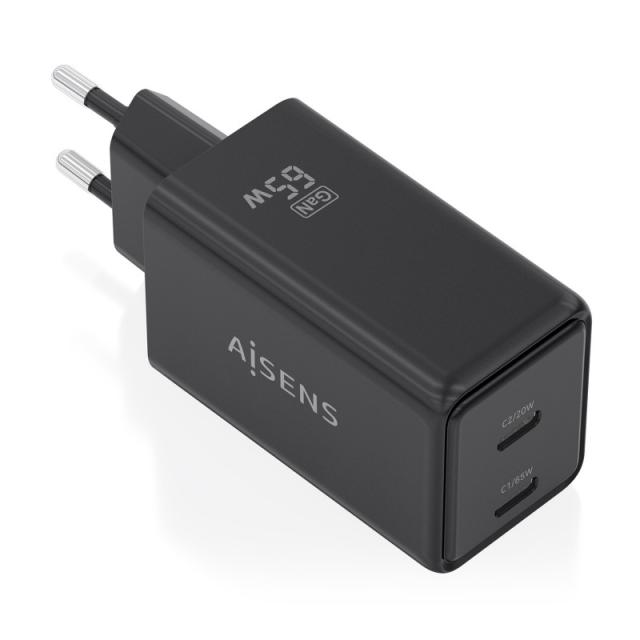 AISENS - Cargador GaN 65W, 2xUSB-C PD3.0 QC4.0, Negro