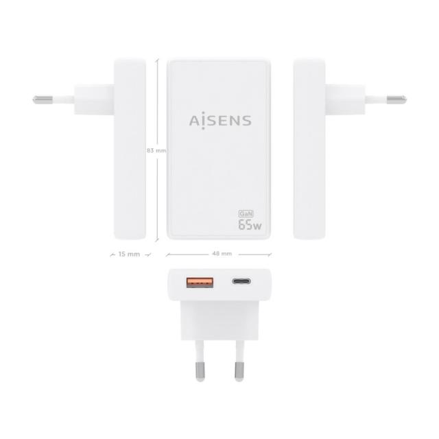 AISENS - Cargador De Pared GaN Ultra Delgado 65W, 1xUSB-C PD3.0 QC4.0, 1xUSB-A QC3.0, Blanco