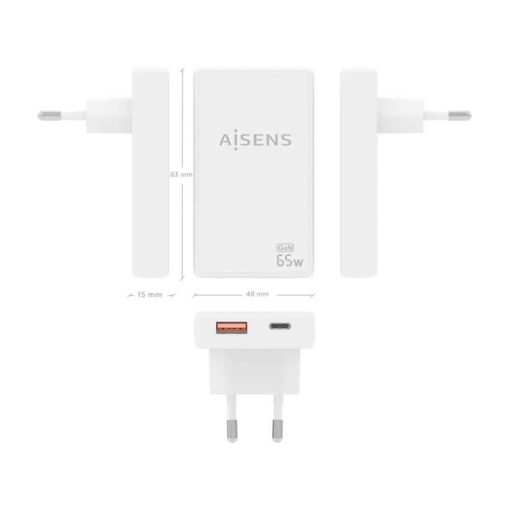 AISENS - Cargador De Pared GaN Ultra Delgado 65W, 1xUSB-C PD3.0 QC4.0, 1xUSB-A QC3.0, Blanco