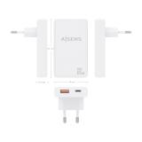 AISENS - Cargador De Pared GaN Ultra Delgado 65W, 1xUSB-C PD3.0 QC4.0, 1xUSB-A QC3.0, Blanco