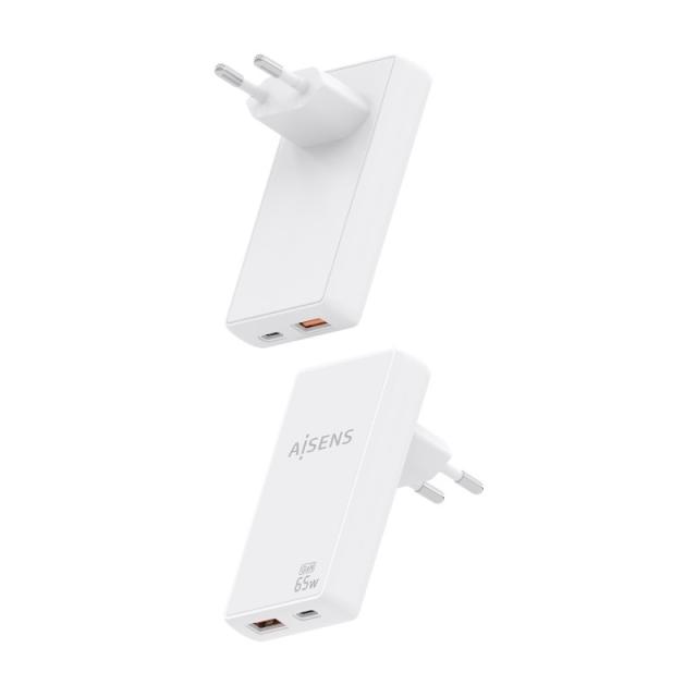 AISENS - Cargador De Pared GaN Ultra Delgado 65W, 1xUSB-C PD3.0 QC4.0, 1xUSB-A QC3.0, Blanco