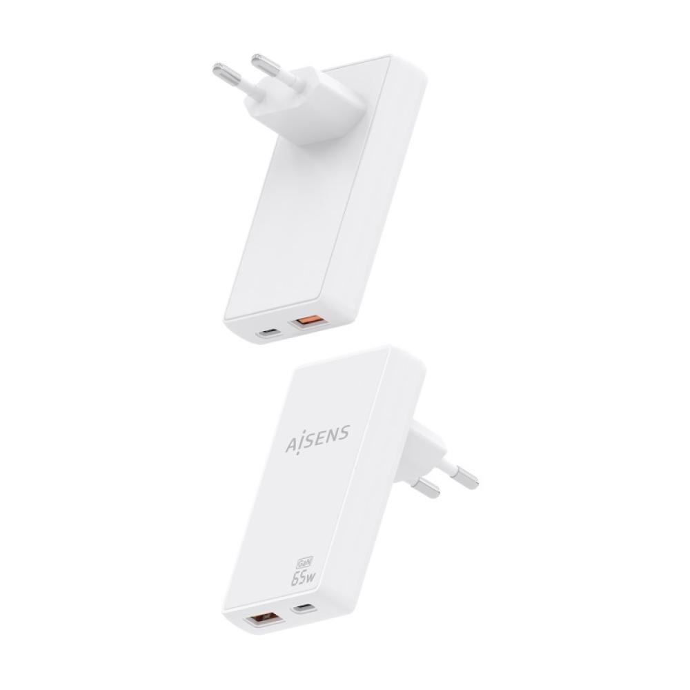 AISENS - Cargador De Pared GaN Ultra Delgado 65W, 1xUSB-C PD3.0 QC4.0, 1xUSB-A QC3.0, Blanco