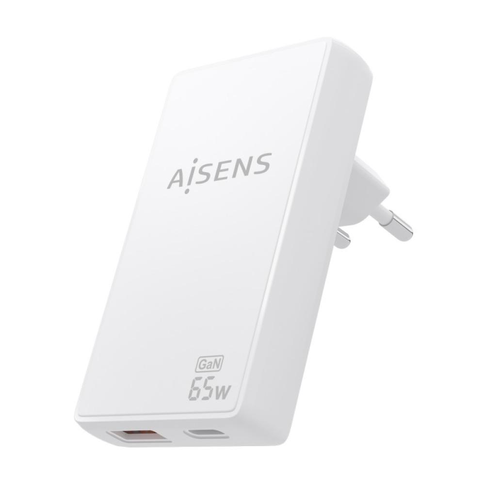 AISENS - Cargador De Pared GaN Ultra Delgado 65W, 1xUSB-C PD3.0 QC4.0, 1xUSB-A QC3.0, Blanco
