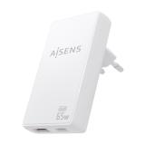 AISENS - Cargador De Pared GaN Ultra Delgado 65W, 1xUSB-C PD3.0 QC4.0, 1xUSB-A QC3.0, Blanco