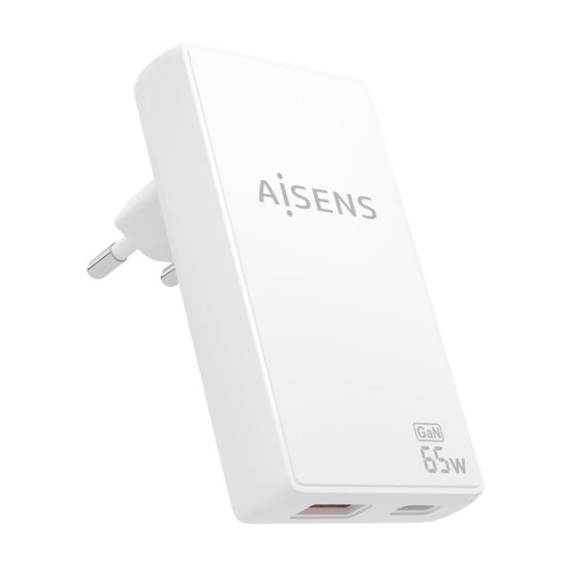 AISENS - Cargador De Pared GaN Ultra Delgado 65W, 1xUSB-C PD3.0 QC4.0, 1xUSB-A QC3.0, Blanco