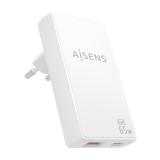 AISENS - Cargador De Pared GaN Ultra Delgado 65W, 1xUSB-C PD3.0 QC4.0, 1xUSB-A QC3.0, Blanco