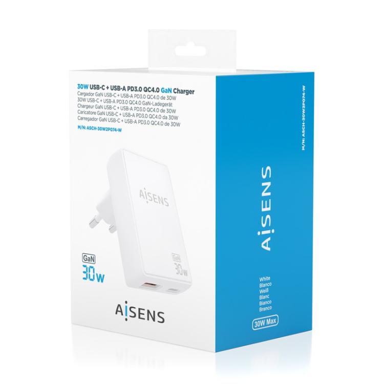 AISENS - Cargador De Pared GaN Ultra Delgado 30W, 1xUSB-C PD3.0 QC4.0, 1xUSB-A QC3.0, Blanco
