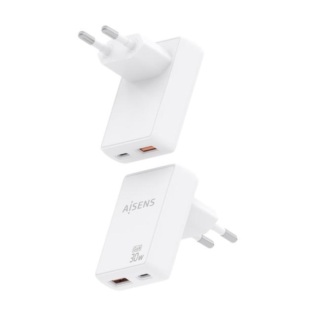 AISENS - Cargador De Pared GaN Ultra Delgado 30W, 1xUSB-C PD3.0 QC4.0, 1xUSB-A QC3.0, Blanco