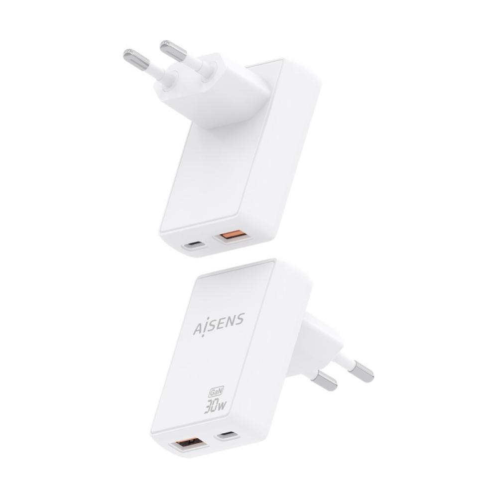 AISENS - Cargador De Pared GaN Ultra Delgado 30W, 1xUSB-C PD3.0 QC4.0, 1xUSB-A QC3.0, Blanco