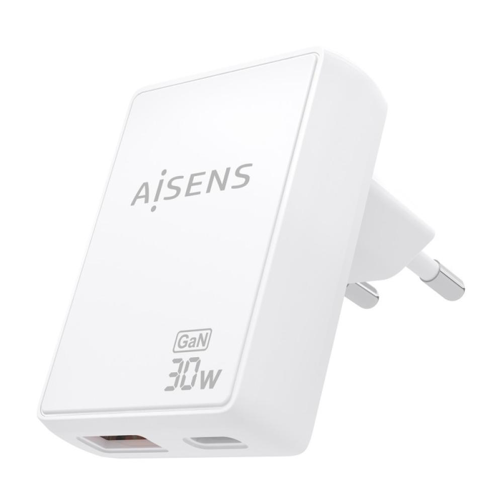AISENS - Cargador De Pared GaN Ultra Delgado 30W, 1xUSB-C PD3.0 QC4.0, 1xUSB-A QC3.0, Blanco