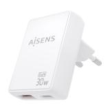 AISENS - Cargador De Pared GaN Ultra Delgado 30W, 1xUSB-C PD3.0 QC4.0, 1xUSB-A QC3.0, Blanco