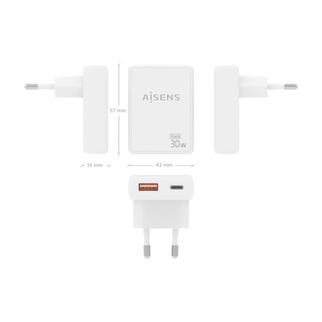 AISENS - Cargador De Pared GaN Ultra Delgado 30W, 1xUSB-C PD3.0 QC4.0, 1xUSB-A QC3.0, Blanco