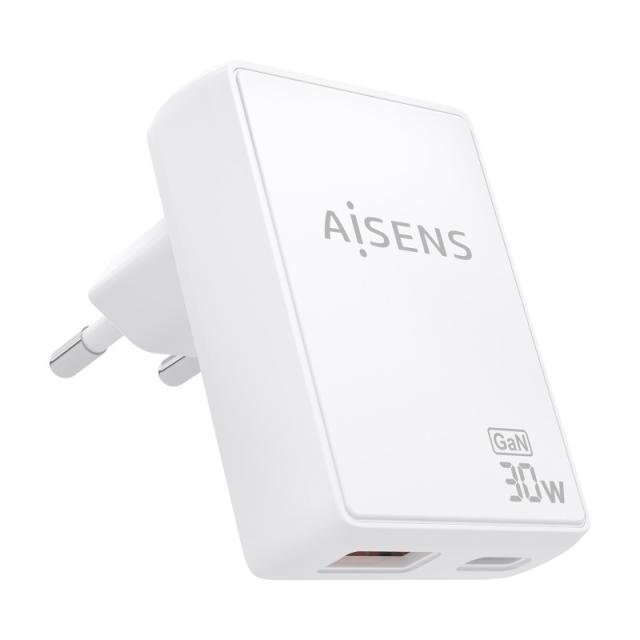 AISENS - Cargador De Pared GaN Ultra Delgado 30W, 1xUSB-C PD3.0 QC4.0, 1xUSB-A QC3.0, Blanco