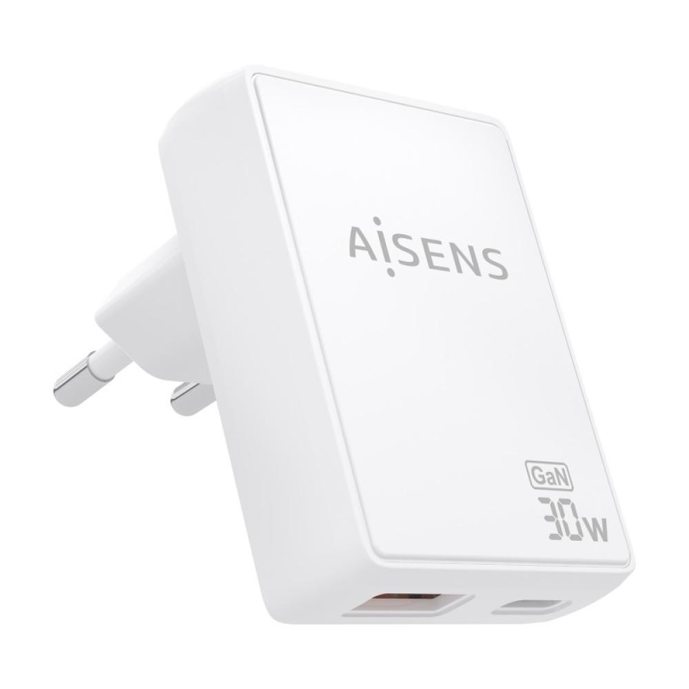 AISENS - Cargador De Pared GaN Ultra Delgado 30W, 1xUSB-C PD3.0 QC4.0, 1xUSB-A QC3.0, Blanco