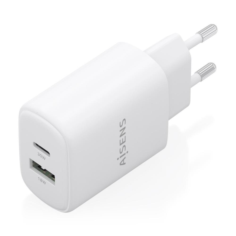 AISENS - Cargador GaN 30W, 1xUSB-C PD3.0 QC4.0, 1xUSB-A QC3.0, Blanco - A110-0977