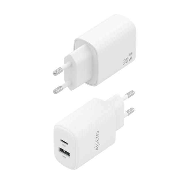 AISENS - Cargador GaN 30W, 1xUSB-C PD3.0 QC4.0, 1xUSB-A QC3.0, Blanco - A110-0977