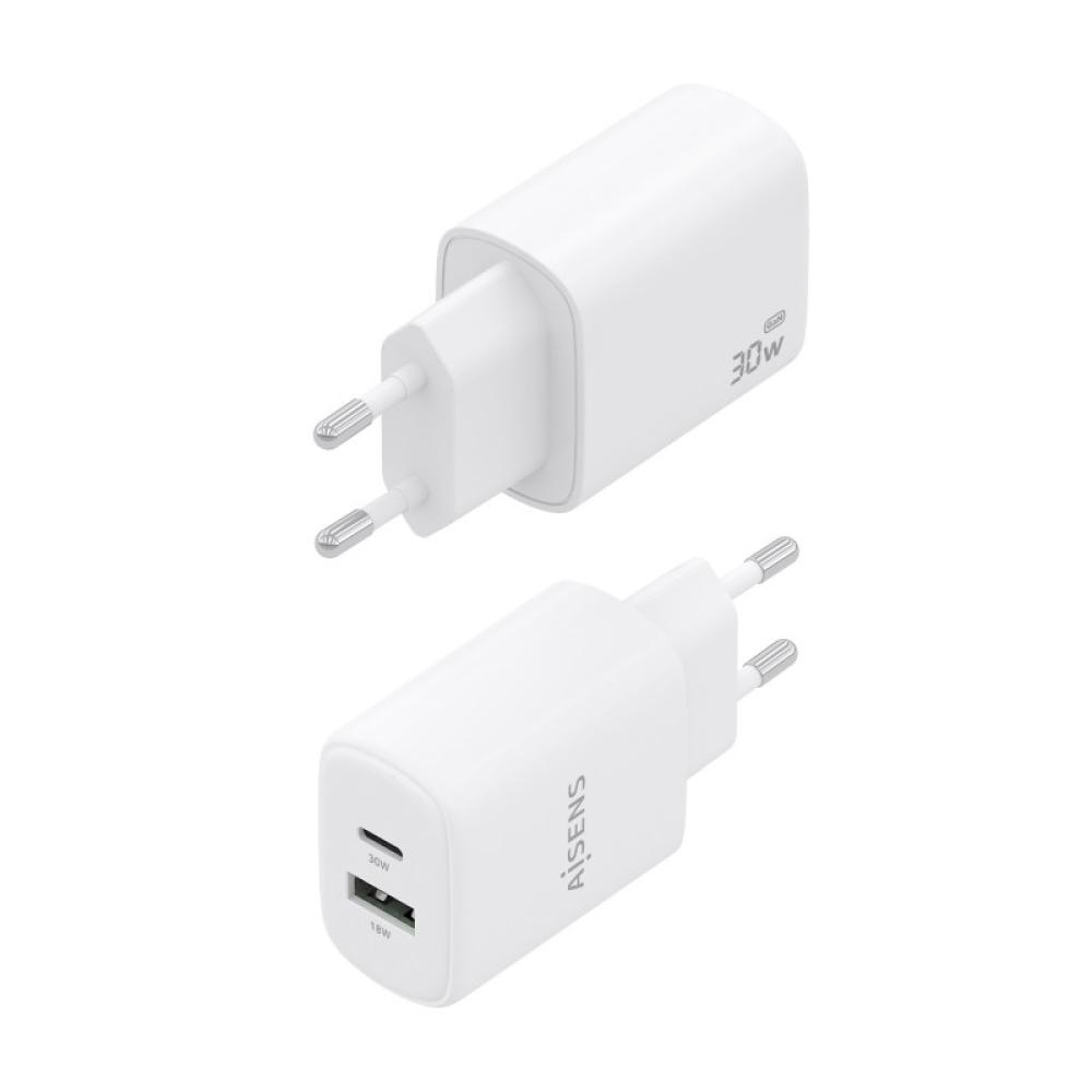 AISENS - Cargador GaN 30W, 1xUSB-C PD3.0 QC4.0, 1xUSB-A QC3.0, Blanco - A110-0977