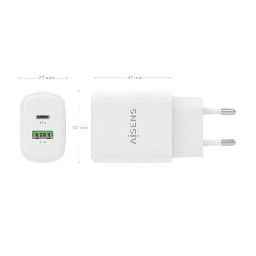 AISENS - Cargador GaN 30W, 1xUSB-C PD3.0 QC4.0, 1xUSB-A QC3.0, Blanco - A110-0977