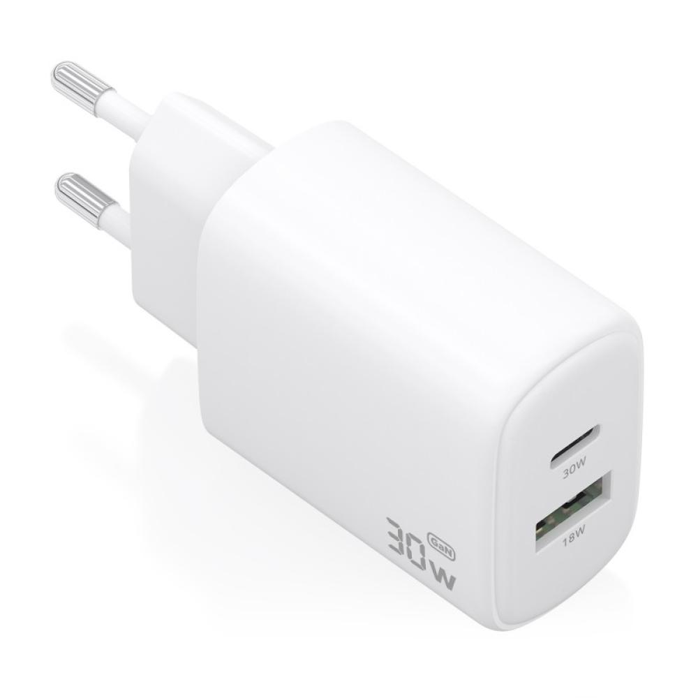AISENS - Cargador GaN 30W, 1xUSB-C PD3.0 QC4.0, 1xUSB-A QC3.0, Blanco - A110-0977