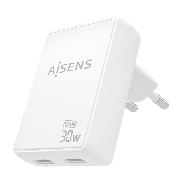 AISENS - Cargador De Pared GaN Ultra Delgado 30W, 2xUSB-C PD3.0 QC4.0, Blanco
