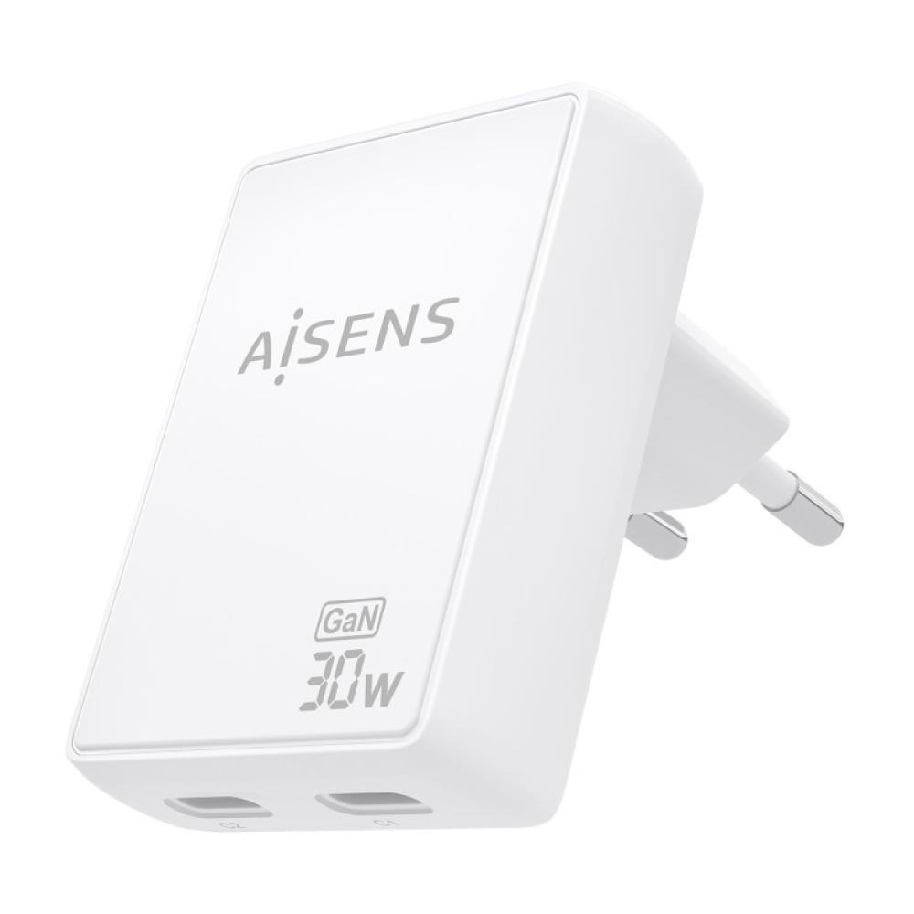 AISENS - Cargador De Pared GaN Ultra Delgado 30W, 2xUSB-C PD3.0 QC4.0, Blanco
