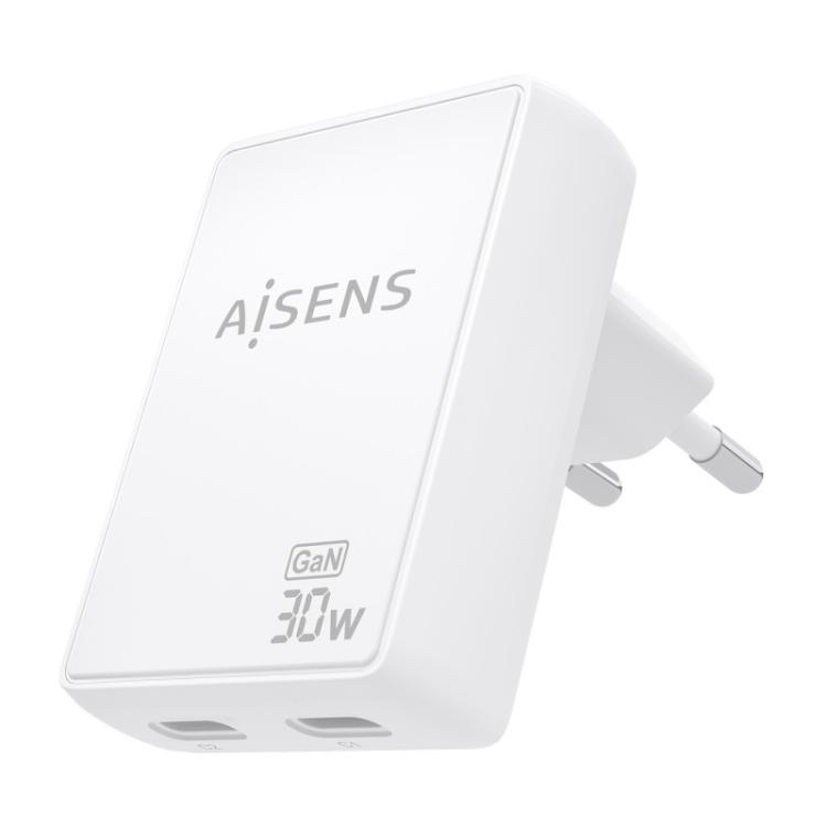 AISENS - Cargador De Pared GaN Ultra Delgado 30W, 2xUSB-C PD3.0 QC4.0, Blanco