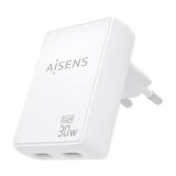 AISENS - Cargador De Pared GaN Ultra Delgado 30W, 2xUSB-C PD3.0 QC4.0, Blanco