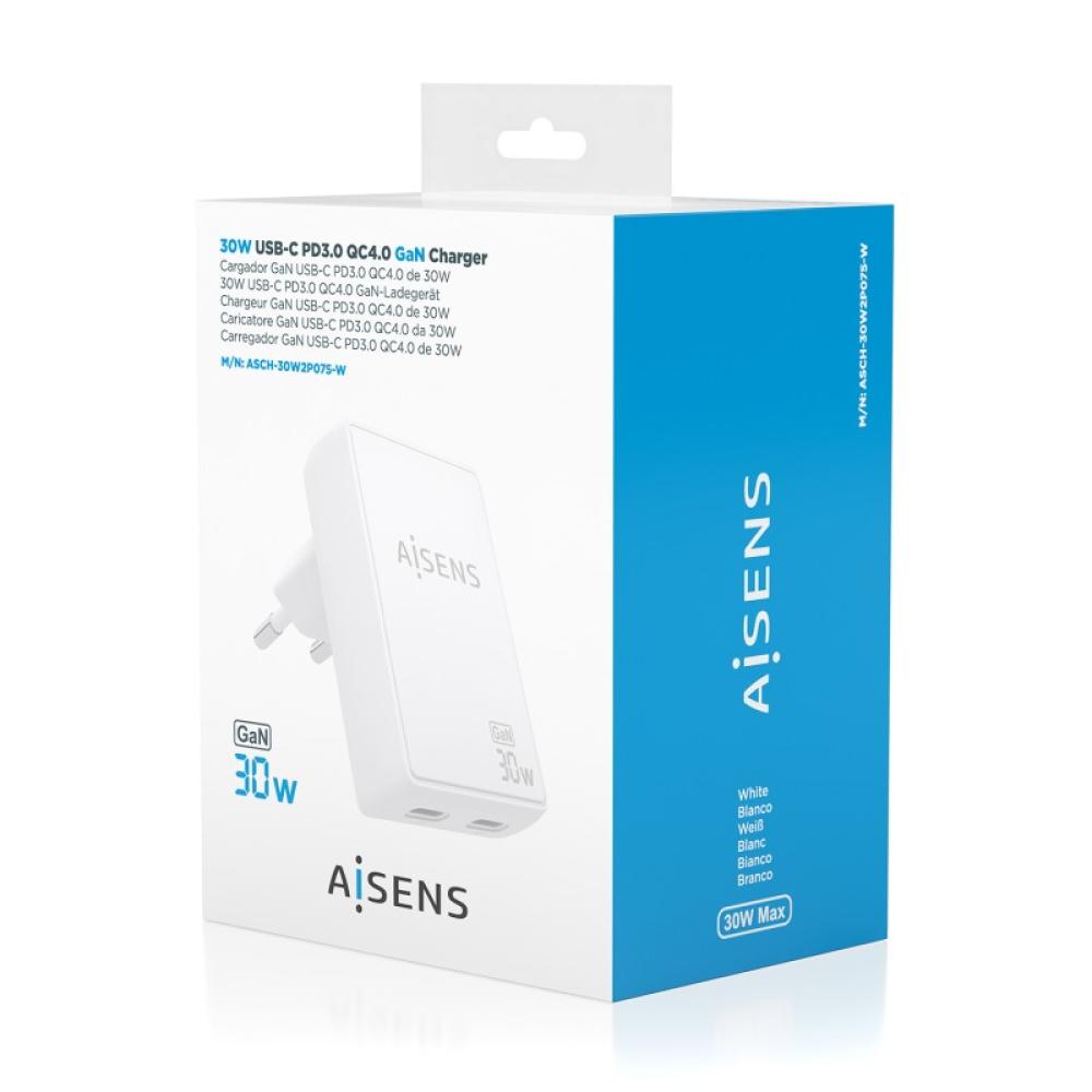 AISENS - Cargador De Pared GaN Ultra Delgado 30W, 2xUSB-C PD3.0 QC4.0, Blanco