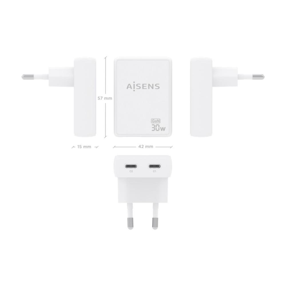 AISENS - Cargador De Pared GaN Ultra Delgado 30W, 2xUSB-C PD3.0 QC4.0, Blanco