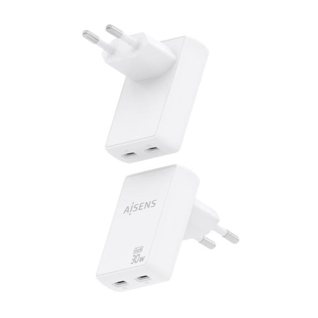 AISENS - Cargador De Pared GaN Ultra Delgado 30W, 2xUSB-C PD3.0 QC4.0, Blanco