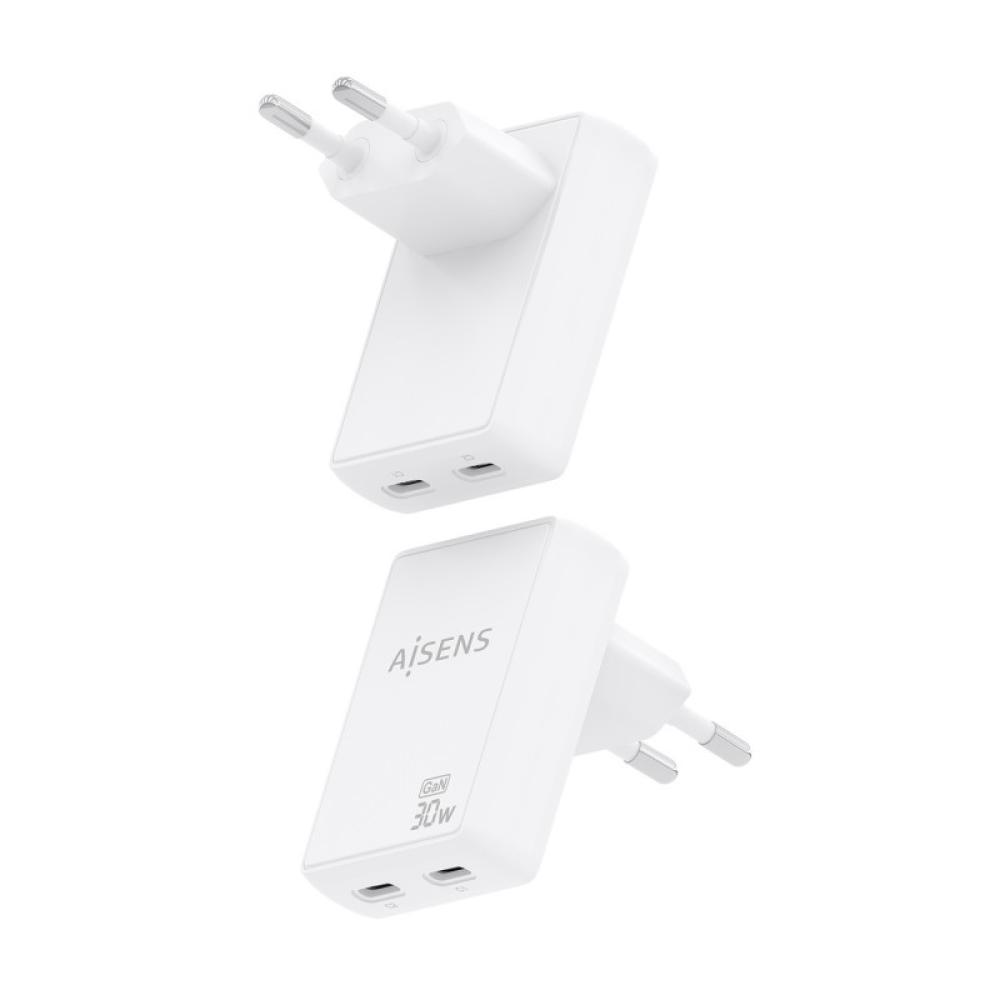 AISENS - Cargador De Pared GaN Ultra Delgado 30W, 2xUSB-C PD3.0 QC4.0, Blanco