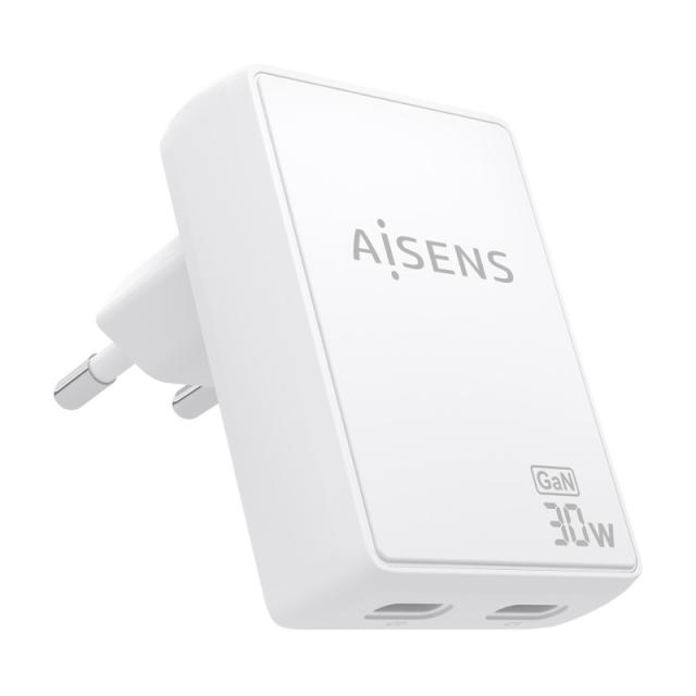 AISENS - Cargador De Pared GaN Ultra Delgado 30W, 2xUSB-C PD3.0 QC4.0, Blanco