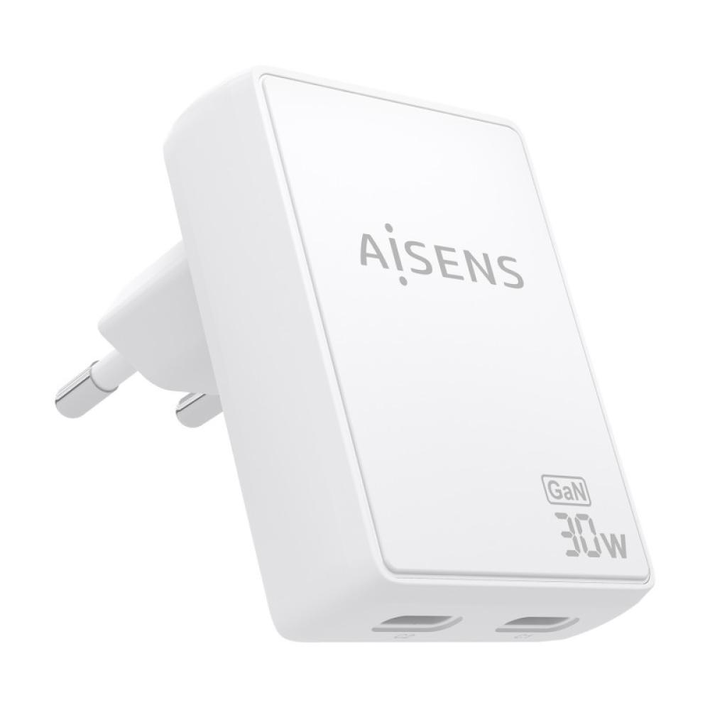 AISENS - Cargador De Pared GaN Ultra Delgado 30W, 2xUSB-C PD3.0 QC4.0, Blanco