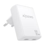 AISENS - Cargador De Pared GaN Ultra Delgado 30W, 2xUSB-C PD3.0 QC4.0, Blanco
