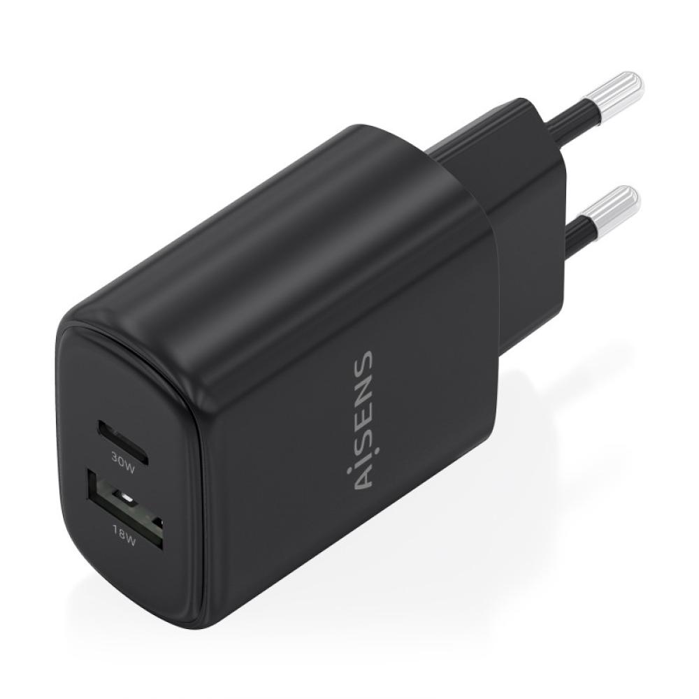 AISENS - Cargador GaN 30W, 1xUSB-C PD3.0 QC4.0, 1xUSB-A QC3.0, Negro - A110-0978
