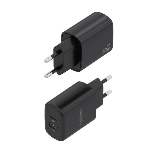 AISENS - Cargador GaN 30W, 1xUSB-C PD3.0 QC4.0, 1xUSB-A QC3.0, Negro - A110-0978