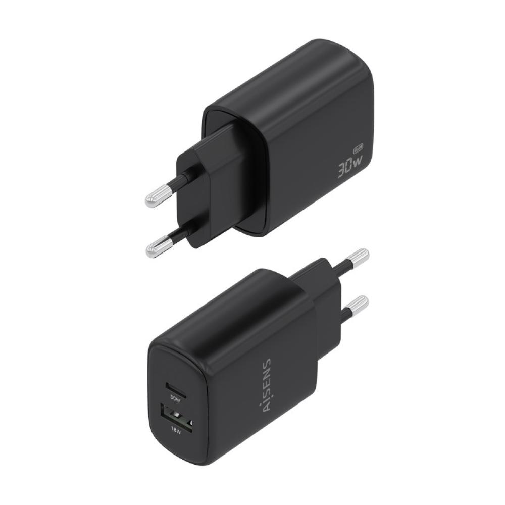 AISENS - Cargador GaN 30W, 1xUSB-C PD3.0 QC4.0, 1xUSB-A QC3.0, Negro - A110-0978