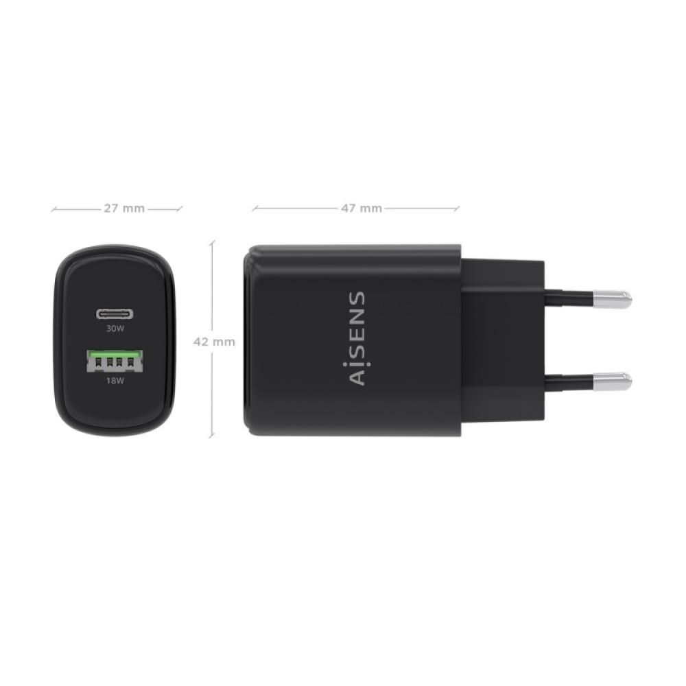 AISENS - Cargador GaN 30W, 1xUSB-C PD3.0 QC4.0, 1xUSB-A QC3.0, Negro - A110-0978